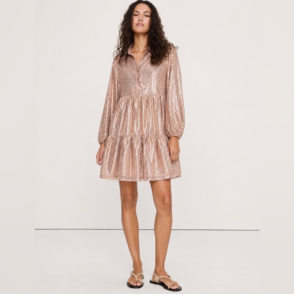 NWT! Anthropologie Maeve Bettina Sequined Tiered Mini Shirt Dress 🎆 - Picture 2 of 9